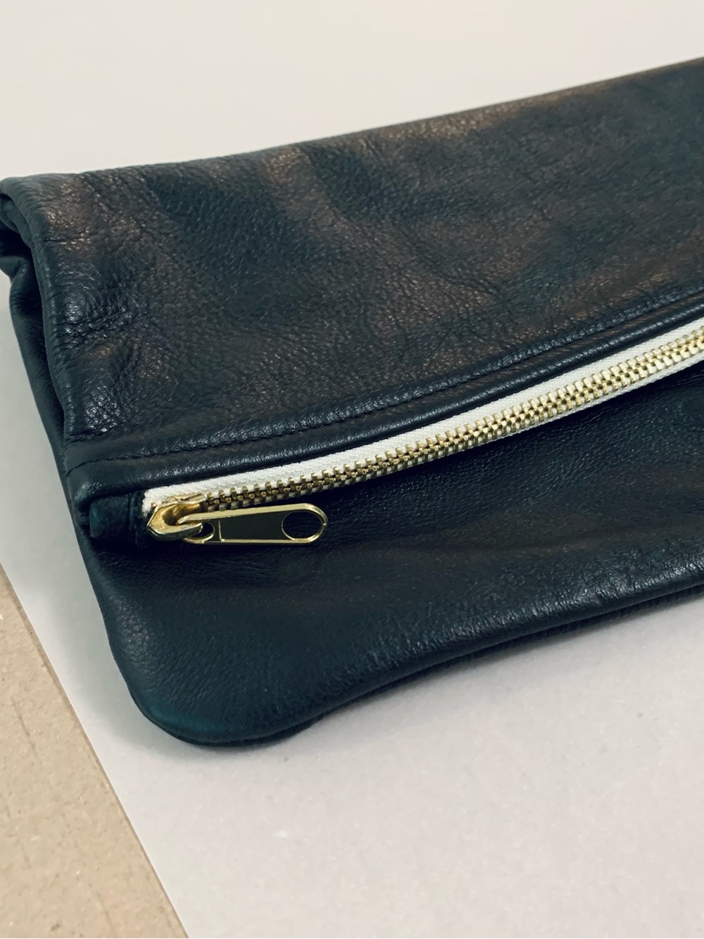 American Apparel Black Leather Fold-Over Clutch with Gold Zip